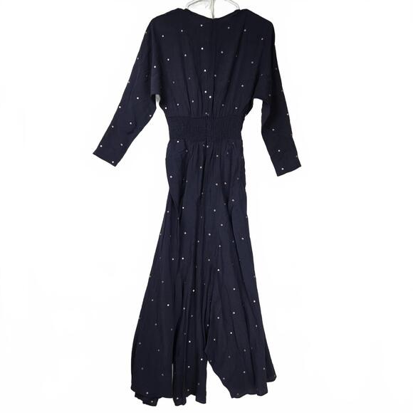 Maje Rolene Scarf 3/4 Sleeve Navy Silver Polka Dot Maxi Dress Stretch Waist Sz 1 - Picture 5 of 15